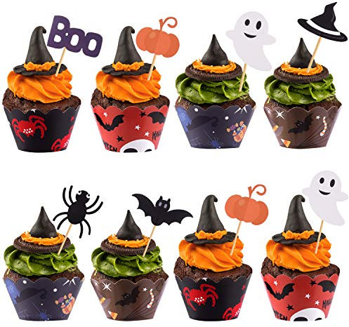 TUPARKA 30Pcs Halloween Cupcake Wrappers Halloween Cake Toppers Decorations Spider Pumpkin Ghost Hand Cake Decorations Supplies