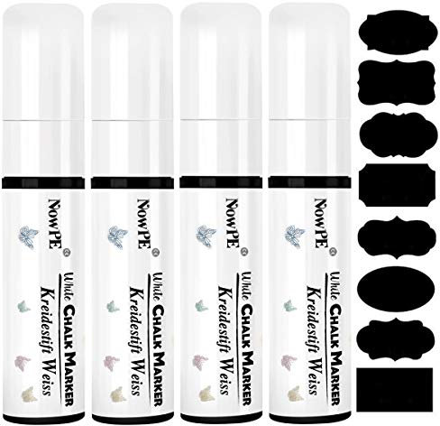 NowPE Feutre Craie Blanc, Marqueurs Craie 15mm, Effacable avec Chiffon Humide ou Sec, Grande Pointe pour Tableau Noir, Mur, Fenêtre & Verre, Pack de 4 Pièce Stylos Liquide + 16 Etiquettes de Tableau