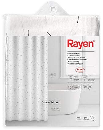 Rayen | Badezimmervorhänge | Duschvorhang oder Badewanne | Wasserdicht | Leinwand aus 100% Baumwolle | schnelltrocknend | Blickdicht | Metallringe | inkl. 12 Metallhaken | 180 x 200 cm | Weiß