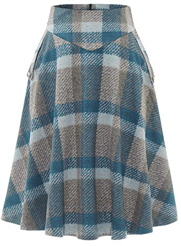 Rock Damen Lang Vintage Elegant Plaid Winterrock Warm Elastische Taille A Linie Röcke Casual Rock Hohe Taille Midi Rock Blue Grey Plaid L