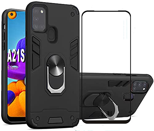 Folmeikat Samsung galaxy A21S With Screen Protector Phone Case 6.5 Black | Samsung galaxy A21S Phone Case,With Screen Protector 360 Degree Rotating Metal Ring Shock Absorption Reinforced Corner