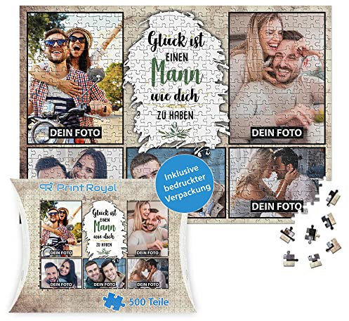 PR Print Royal Foto-Puzzle mit 5 Fotos Bedrucken - Glück ist einen Mann wie Dich zu haben - Collagen-Puzzle selber gestalten für den Mann - 500 Teile inkl. hochwertiger Kartonverpackung