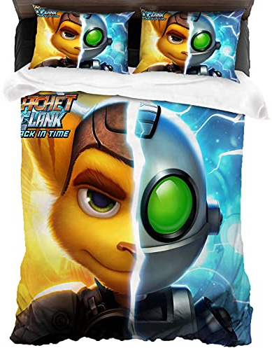 ANSSON Ratchet & Clank Bettwäsche-Sets,Kinder Mikrofaser 1 Bettbezüge und 2 Kissenbezug,Spiel Motiv Schlafzimmer dekorative Bettwäsche (135x200cm+80x80cmx2, Clank1)