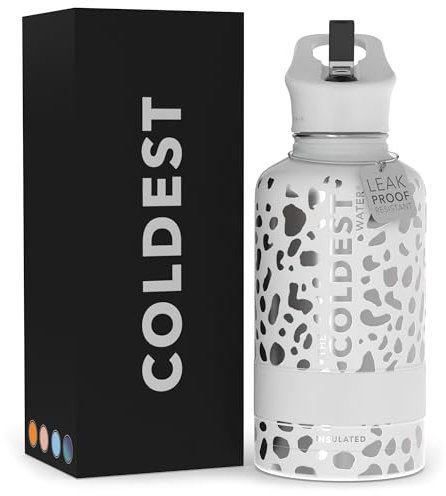 Coldest Sports Water Bottle - (Straw Lid), Leak Proof, Vacuum Insulated Stainless Steel, Hot Cold, Double Walled, Thermo Mug, Metal Canteen (64 oz, Silver Leopard)