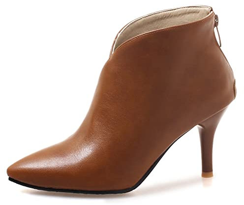 Viéctaa Bottines Femme Hiver Talon Haut Aiguille Sexy Bout Pointu Zip Low Boots Chaussures Soirée Camel Marron 39