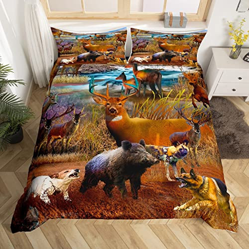 Homemissing Cerf Faune Parure de Lit 140x200cm Thème Chasse Housse de Couette Antlers Chien Cochon Motif Sets de Housse de Couette Animaux Sauvages Imprimer Parure Housse de Couette2 pièces