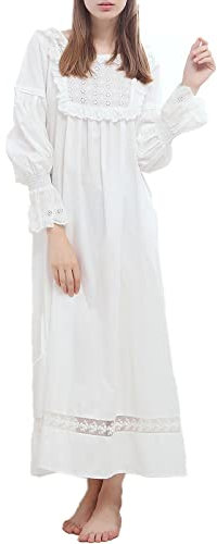 Verve Jelly Women's Vintage Victorian Cotton Nightgown Princess Lace Long Sleeve Nightdress Womens Vintage Palace White M