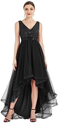 Ever-Pretty Robe Femme Mariage Invité Longue Paillettes Tulle Col V Asymétrique A Line Brillante Noir 48