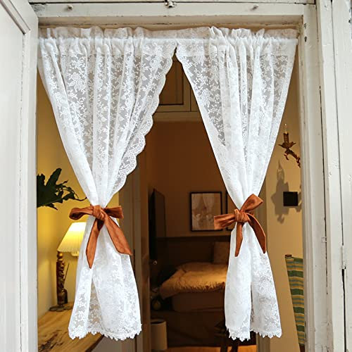 A.Monamour Tenda Corta per Finestra Piccola 2 Pannelli Di Voile Bianco Trasparente - Voilage Rosa Fiori Ricamo Pizzo - Cucina Bistrot Caffè Mezza Mantovana Vetro Porta