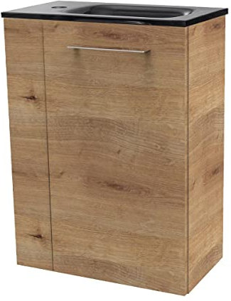 FACKELMANN Milano Gäste-WC Set 2 Teile – Waschtischunterschrank in Holz Braun mit Waschbecken aus Glas in Anthrazit – SBC Waschbeckenunterschrank schmal – Türanschlag rechts – 45 cm breit