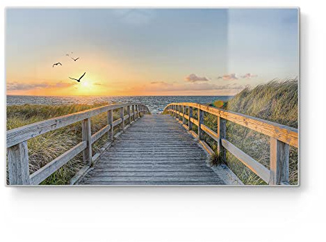 DEQORI Frühstücksbrett Glas | klein 23x14 cm | Motiv Dünenweg zum Meer | Design Schneidebrett für Küche | Frühstücksbrettchen antibakteriell & rutschfest | Glasplatte & Servierplatte