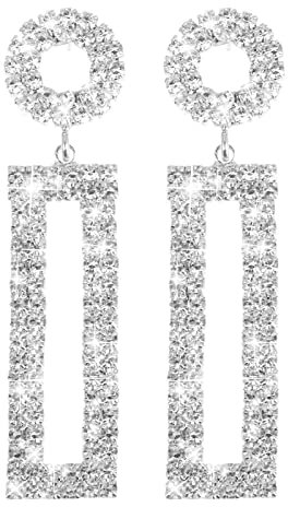 Ohrringe Quadratisch Silber Strass Lange Tropfen Große Ohrringe Statement Rechteckiger Anhänger mit Runden Nieten Modeschmuck Prom Party Hochzeit Schmuck Funkelnde Kronleuchter Ohrringe