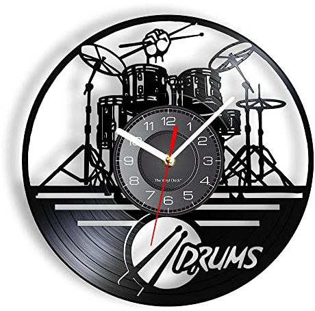 gofidin Acryl-Vinyl-Schallplatten-Wanduhr, Schwarze kreative Uhr, Wanddekoration, Schlagzeug, Musikinstrument, Modellierung, Wanduhr, Heimdekoration