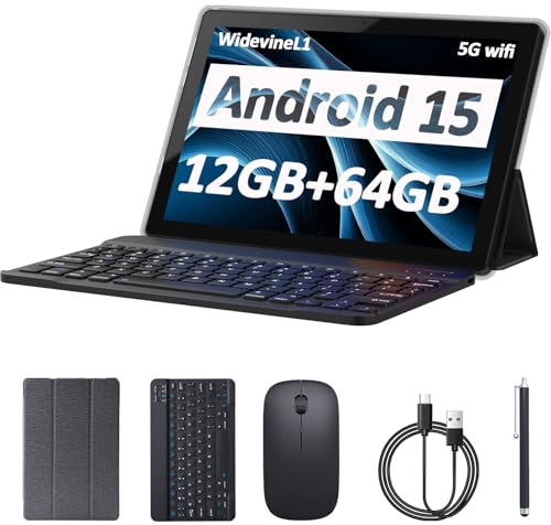 Android 15 Tablet 10 Inch, 12GB RAM+64GB ROM+1TB Expandable, 2 in 1 Tablets with keyboard/ Case/ Mouse/ Stylus, 1.8Ghz Quad-core Processor, 8MP Camera, 1280*800 IPS HD Screen Tablet, 5G WIFI 6 BT 5.0