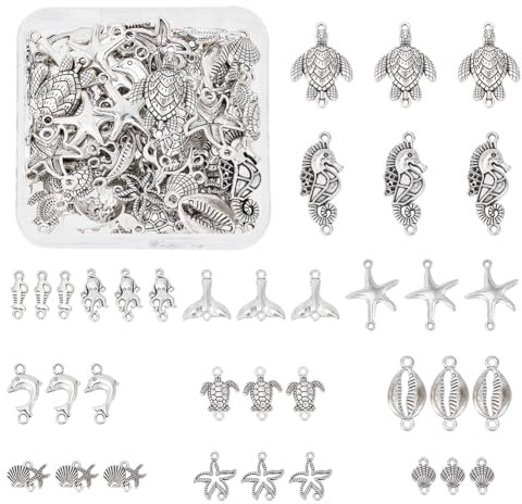 SUNNYCLUE 1 Box 84 Stück 14 Stile Ozean Charms Meerestier Charm Verbindungs Anhänger Sommer Hawaii Blatt Verbindungs Charme Für Die Schmuckherstellung Charme Anhänger Für Erwachsene DIY Halskette