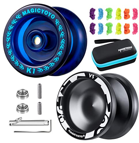 MAGICYOYO JoJo 2er Pack - V3 Schwarz & K1 Blau. Perfekt Responsive Jojos für Kinder, Profi Yoyo mit unempfindlichem Yoyo-Lager für fortgeschrittene JoJo-Spieler+12 Yoyo-Saiten+Aufbewahrungstasche