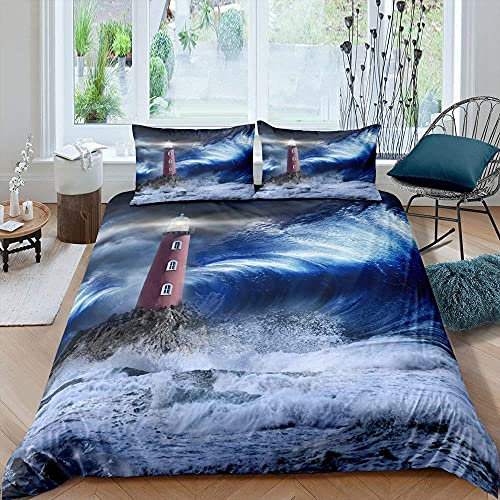 KLJFIGUT Bettwäsche 135x200 Blauer Leuchtturm 3 Teilig Bettbezug mit Reißverschluss, Weiche Mikrofaser Bettwäsche-Sets für Kinder - 1 Bettbezüge und 2 Kissenbezug 80x80cm