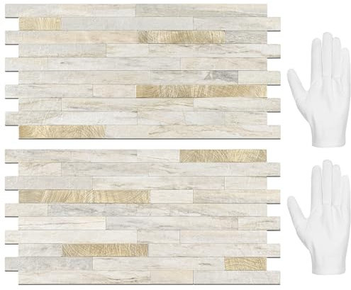 STICKGOO 20 Sheets Peel and Stick Backsplash Tile, Stick on Backsplash for Kitchen and Bathroom, Sunny Beige Look PVC Mixed Metal Gold Self Adhesive Wall Tiles