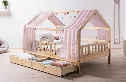 TiCAA Kinderbett Hausbett mit Tüll Kim 90x200 cm, für Jungen & Mädchen, inkl. Rolllattenrost, Schubkasten und Rausfallschutz variabel, Montessori Bett Natur aus Kiefer Massivholz