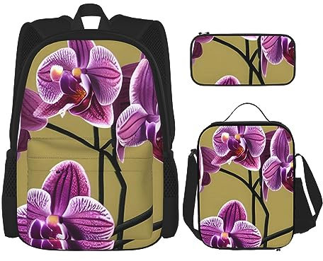 Schöne Orchideen Große Kapazität Rucksack Mittagessen Tasche Stift Tasche 3-teiliges Set für Büro Reisen Camping Unisex, Schwarz , Einheitsgröße