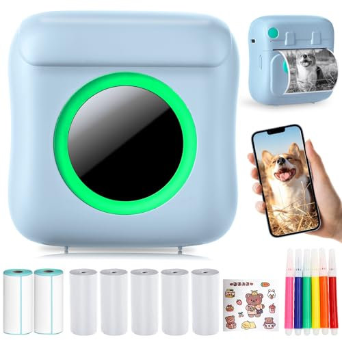 Impresora portátil mini impresora fotográfica térmica sin tinta con 7 rollos de papel, impresora inteligente Bluetooth compatible con Android e iOS, para etiquetas, imágenes, nota (C22-Bleu)