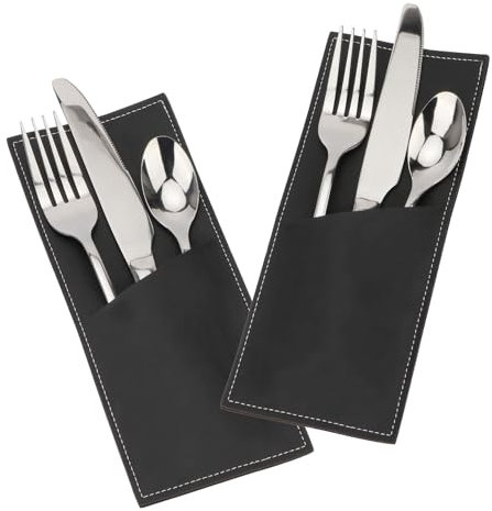 Brosay Thanksgiving Utensil Cutlery Holders Pouch Bags Leather Cutlery Pocket Knife and Fork Silverware Sleeves Holders Table Decorations for Dinners Party Weddings Christmas 2 Pcs (Black), HK044