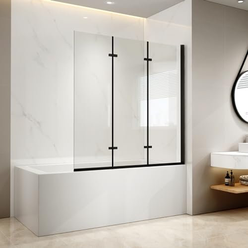 EMKE Parete vasca da bagno pieghevole 120 x 140 cm, 3 pannelli girevoli, vetro vasca da bagno in vetro di sicurezza da 6 mm, oscillazione di 180°, Telaio nero stile industriale, nano-rivestito