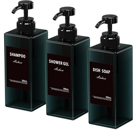 Anhow 3er Seifenspender Kunststoff, 500ml PETG Seifenspender mit 16pcs Kategorie Etiketten für Küche und Badezimmer Dusche/Küche/Badezimmer - Blau/ 500ml