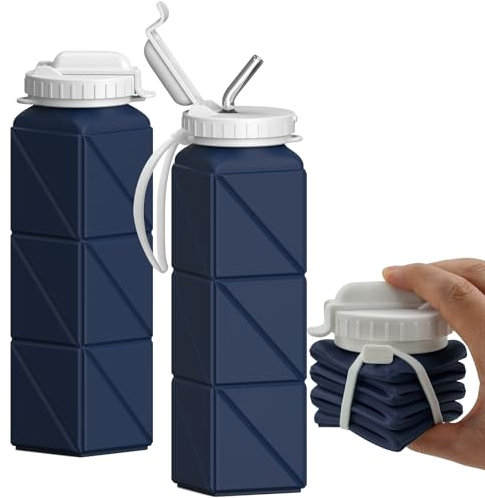 BEAUTAIL Collapsible Water Bottle with Straw, Silicone Foldable Portable Water Bottles 610ml Lightweight Reusable Leakproof for Travel Camping Hiking Cycling Yoga Sports, 1 Pack (Dark Blue)