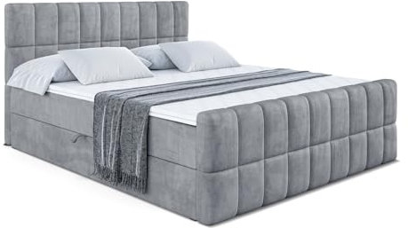 ALTDECOR Boxspringbett mit Matratze und Lattenrost, Boxbett, Topper, Fußteil, Polsterbett mit Bettkasten, Bett mit Stauraum H3-Matratze, Doppelbett, Springboxbett - Miami-Z - 160x200 - Grau Samt
