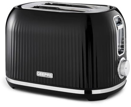 GEEPAS 2 Slice Toaster | 6 Browning Levels Cancel Defrost Reheat | For Thin Small Bread Slice Removable Crumb Tray Cool Touch Housing High Lift | Space-Saving Design | 2 Yr Warranty 1000W Black Fluted