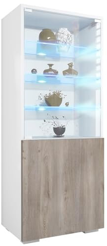 Vladon Vitrine Granada, Made in Germany, Vitrinenschrank mit Glastür und Glaseinsatz inkl. LED, Weiß matt/Eiche Nordic (50 x 122,5 x 34,5 cm)