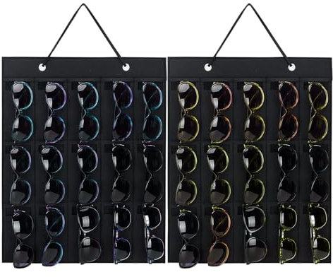 NEUSID Hanging Sunglasses Organiser, 2 Pack 15 Compartments Sunglass Holder Dustproof Felt Wall Mount Glasses Storage Bag for Sides Wardrobe Wall Door Entryway (Black)