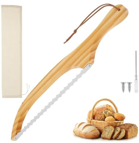 MENIBBLER Wooden Bread Bow Knife, Serrated Bread Bow Cutter, Stainless Steel Sourdough Bread Knife, Professional Bread Knife Cutter with Wooden Handle for Homemade Bread Sourdough Bagel Cake Fruit