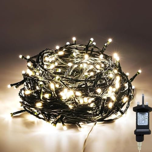 gresonic100/200/300/400/600/800LED Fairy Lights,8 Modes Timer String for Bedroom Plug in,Warm White Outdoor Garden Mains Powered Waterproof Christmas for Party (Green Cable, 600LED)