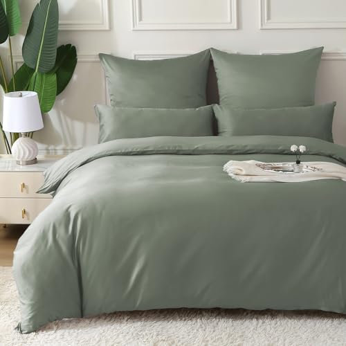 MILDLY Satin Bettwäsche 135x200 4 Teilig Baumwolle,100% Langstapelige Baumwolle Seidig Luxus Bettzeug,ÖkoTex Zertifiziert & für Allergiker Geeignet,2 Bettbezug 135x200 & 2 Kissenbezug 80x80,GrauSage