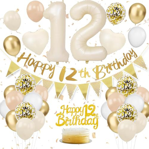 12. Geburtstag Deko Beige - Luftballon Deko für Junge Mädchen, Beige Weiß Gold Luftballons mit Banner und Tortendeko für Geburtstagsdekoration