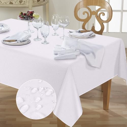 AUAUY Tischdecke 140 x 100 cm Tischtuch, Tafeldecke Fleckschutz Abwaschbar Wasserabweisend Schmutzabweisend Polyester Rechteckig Tischtuch für Esszimmer, Garten, Party, Hochzeiten oder Haushalt-Weiß