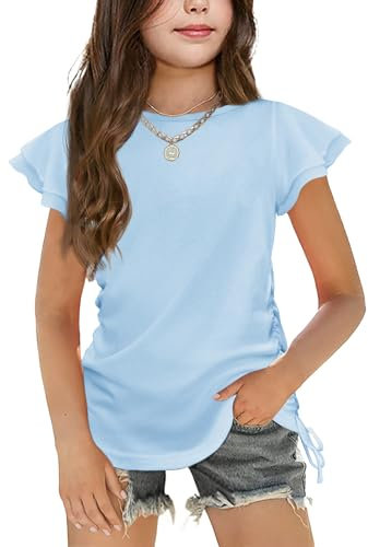 Arshiner T-Shirt Girls Blue Ruffle Sleeve Top Summer Round Neck Top Kids Basic Short Sleeve Shirt with Drawstring 11-12 Years