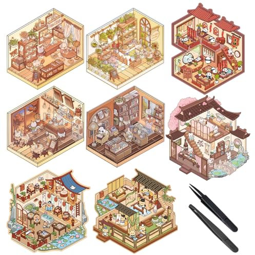 SNONESIY 8er Set DIY 3D Haus Sticker, Cartoon-Anime-Szenen-Aufkleber, für Jungen, Mädchen und Erwachsene, Innenanwendung, Papierreiniger, Sticker Set