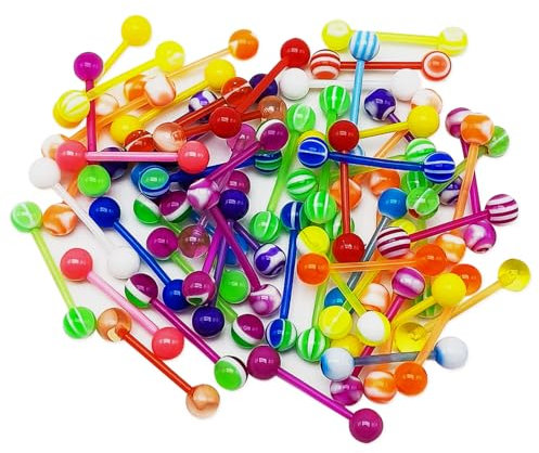TUONYIS 60 Pièces Piercing Langue,Piercing langue en Plastique pour la Langue avec Boules Variées,Language Stick Mamelon Anneau de Langue Piercing Bijoux pour Hommes et Femmes Cadeaux (Coloré)