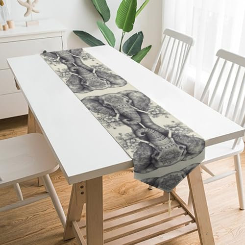 Handgezeichneter Elefanten-Tischläufer, waschbar, extralang, rustikaler Tischläufer für Bauernhaus, Boho, Couchtisch, saisonaler Sommer, Küche, Esstisch, Dekoration für Zuhause, Party, 178 x 33 cm
