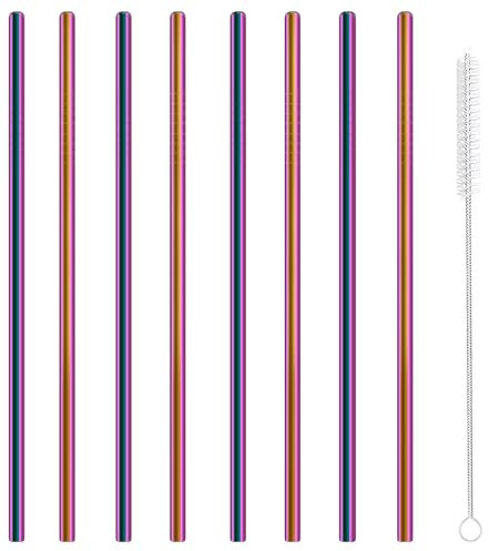 Stainless Steel Straws Metal Reusable Drinking Straw for Juice Iced Coffee Cold Beverage Water Highball Glasses 20oz Tumblers Mugs Cups, 0.24 6mm Wide 215mm Long, Set of 8 with Brush, Colorful