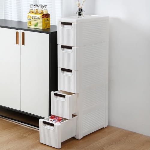 C·Kalosa Badezimmerschrank schmal, Badschrank, Beistellschrank mit 5 Schubladen, 42x19x91cm, für Badezimmer, Wohnzimmer, Esszimmer, Küche, modern, weiß