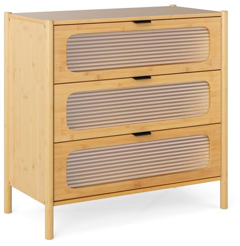 GOPLUS Kommode mit 3/4 Schubladen, Aufbewahrungsschrank aus gehärtetem Glas, Sideboard Bambus, Schubladenschrank Beistellschrank Kommodenschrank für Wohnzimmer, Schlafzimmer, Natur (80 x 40 x 78,5 cm)