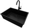 PRIMAGRAN Evier Cuisine en Granit Tout Noir 66x47cm, Lavabo 1 bac + Kit de Vidage + Robinet 32x20cm, Évier à Encastrer au meuble 70cm - London Slim