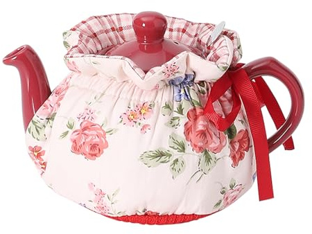 Padded Cotton Tea Cosy for 2‑Cup 400‑600ml Teapot, Vintage Floral & Gingham Insulated Teapot Warmer, Drawstring Ribbon Fastening, Traditional British Kitchen Teapot Cover，Rose