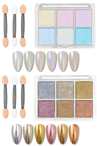 SSKHE 2-Pack Chrome Powder Set with Brushes, 12 Colors Light Aurora Pearlescent & Dark Mirror Effect Chrome Powders, for DIY Nail Art, Salon Quality, & Glazed Donut Magic Mirror Designs