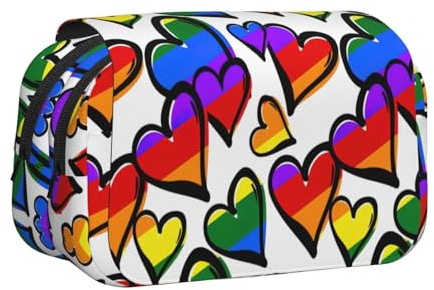 JBJGKHLP Vielseitiges Federmäppchen mit Gay-Pride-Herzen, Regenbogenfarben, großes Fassungsvermögen, Aufbewahrung, Make-up, Kulturbeutel, Reisen, Büro