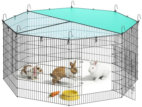 SONGMICS Enclos pour Petits Animaux, Parc Enclos, avec Toit, Respirant, Protection Solaire, pour Lapins, Cochons d’Inde, 8 Panneaux, 175 x 175 x 80 cm, Noir d'encre LPI021BH01